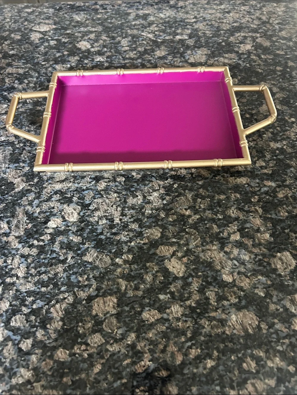 ASHLEY FUSHIA & GOLD METAL TRAY W BAMBOOEDGE AND HANDLES NWT